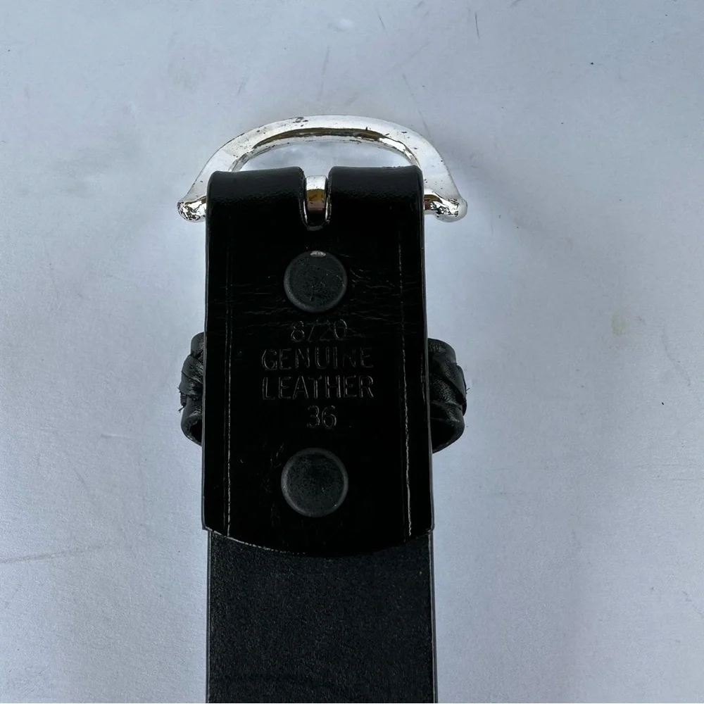 Black Leather Sz 36 Silver Plated Belt‎